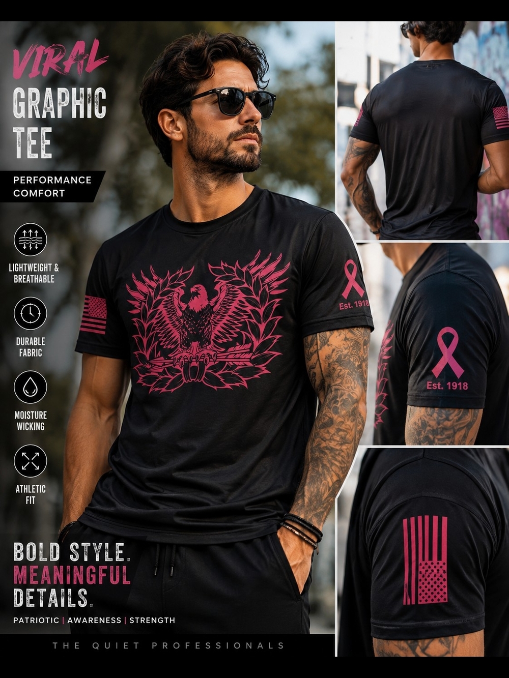 The Quiet Professionals Pink Ribbon Eagle Graphic Tee Black Performance Shirt